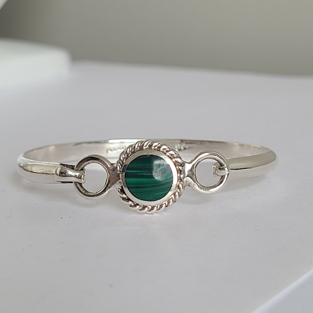 Vintage Sterling Silver Taxco Green Malachite Boho Western Thin Bangle Bracelet